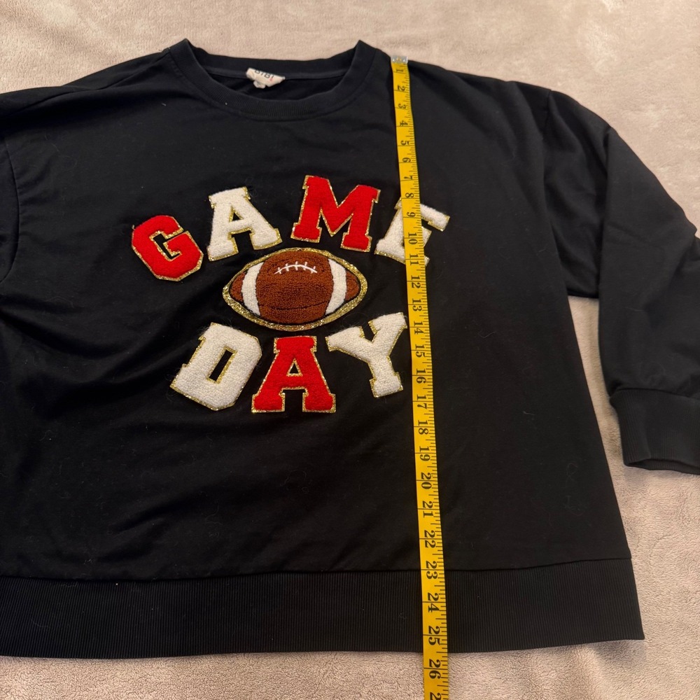 Game Day Football Crewneck Sweatshirt Chenille Varsity Black Sports Fan Sz L - Picture 6 of 9